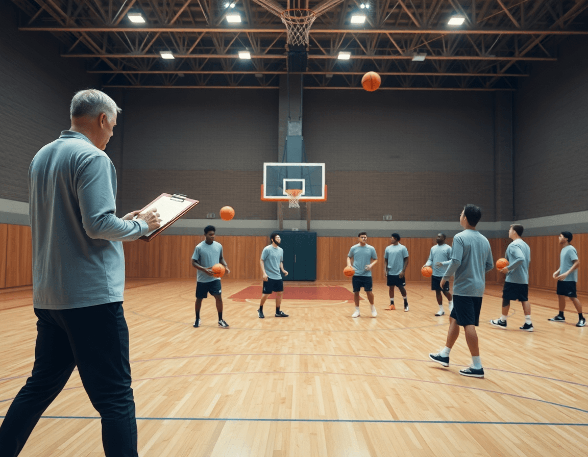 Wide basketball gym scene showing basketball shot chart concepts explained by a coach.