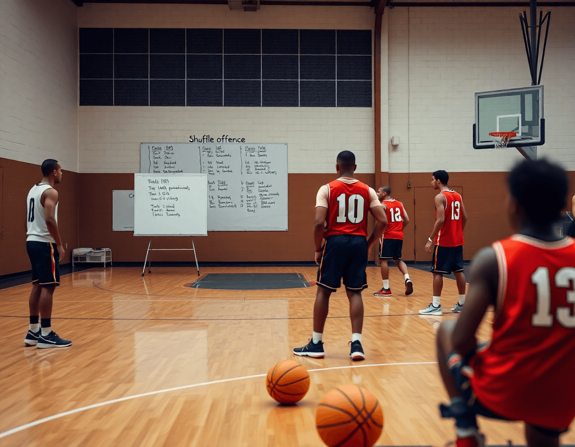Coach outlines weekly basketball shuffle offense plan on whiteboard as players drill on hardwood.