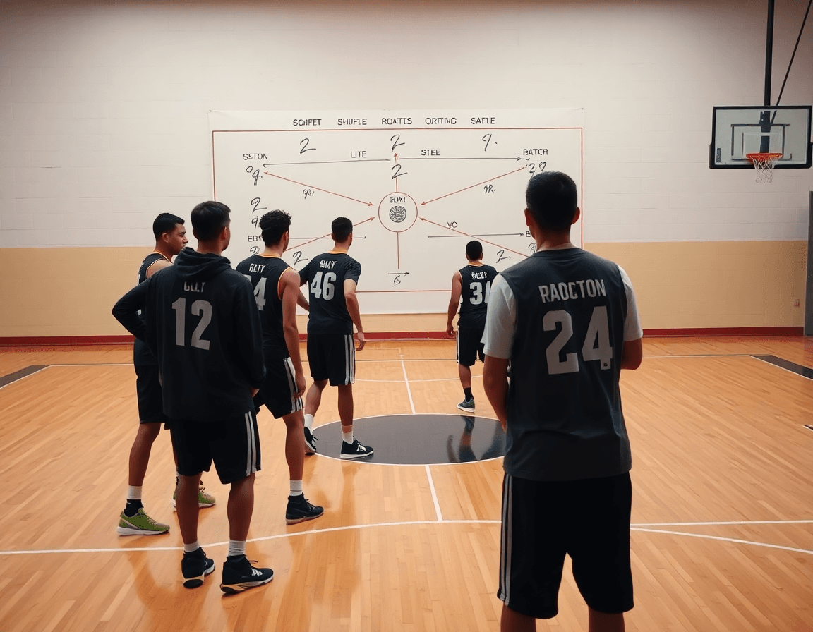 Whiteboard shows basketball shuffle offense concepts and rotations during focused practice for carryover.