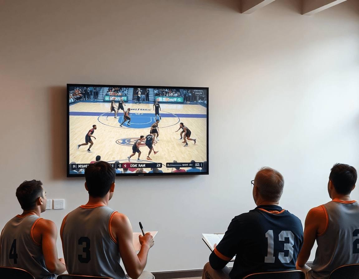 Players study basketball shuffle offense clips while the coach explains actionable, practical lessons.