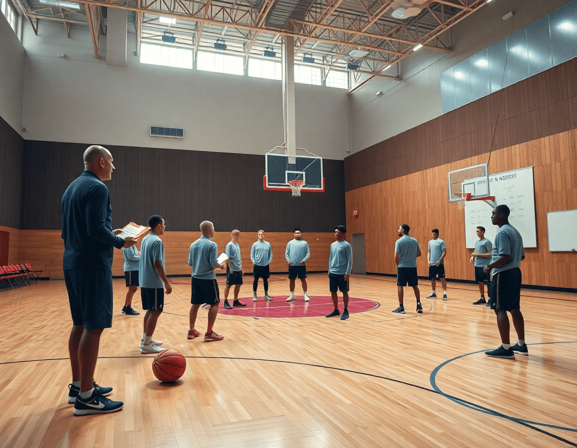 Wide gym scene of coach teaching the basketball shuffle offense to players during practice.