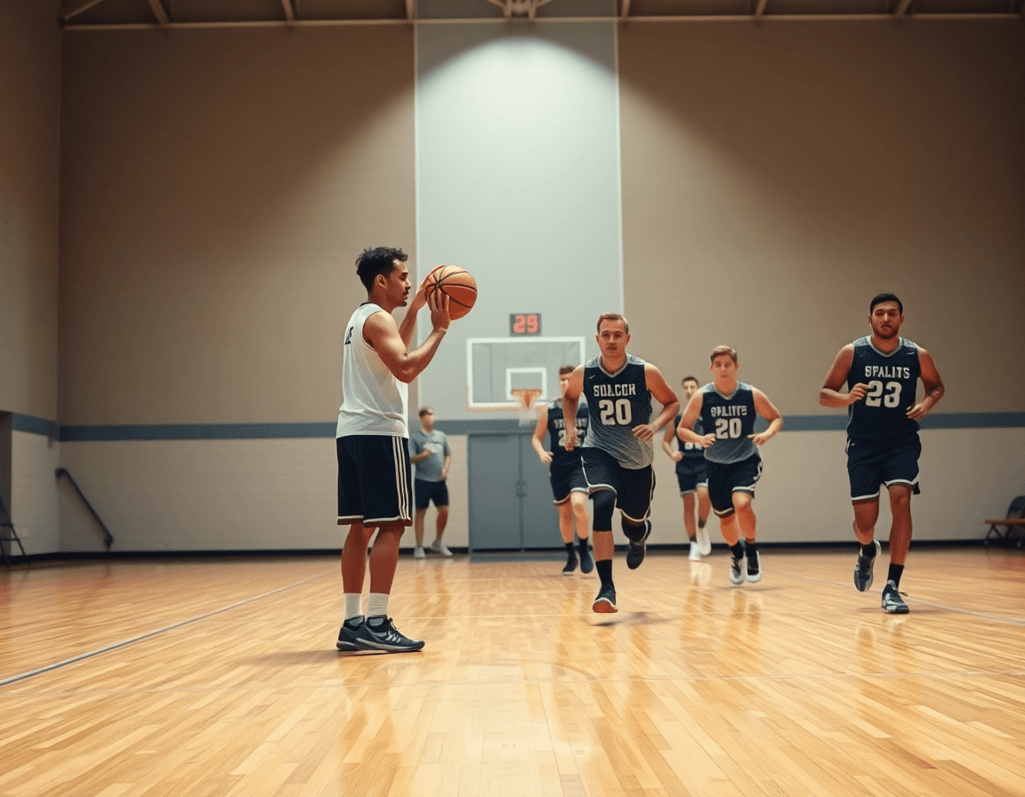 Close-up of a basketball in hands and a coach pointing to a whiteboard beside the sideline boards.