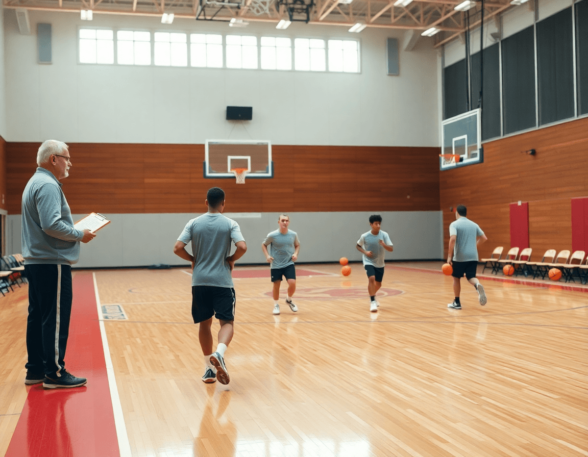 Wide shot of basketball sideline boards as a coach guides players through a fast basketball drill.