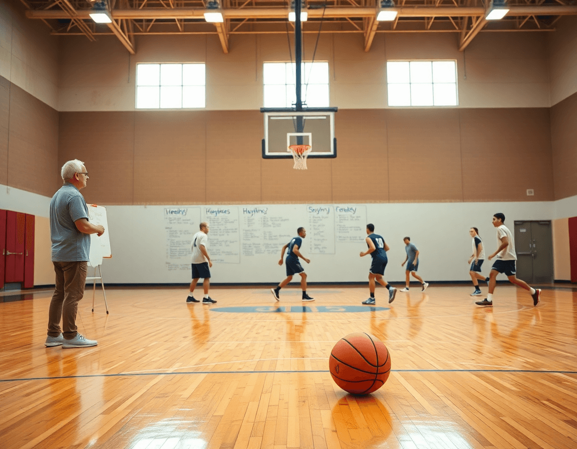Coach outlines a basketball skills assessment template on whiteboard during a weekly practice rhythm.