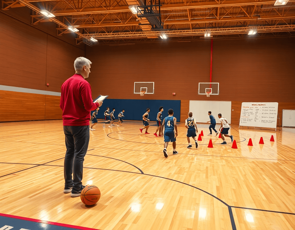 Wide-angle shot of a basketball skills assessment template in action on a gym court.