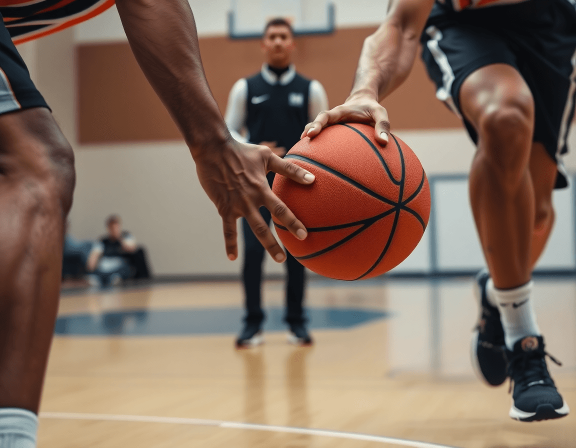 Close-up of hands on a basketball during a tight drill; basketball skills and drills book pdf visible.