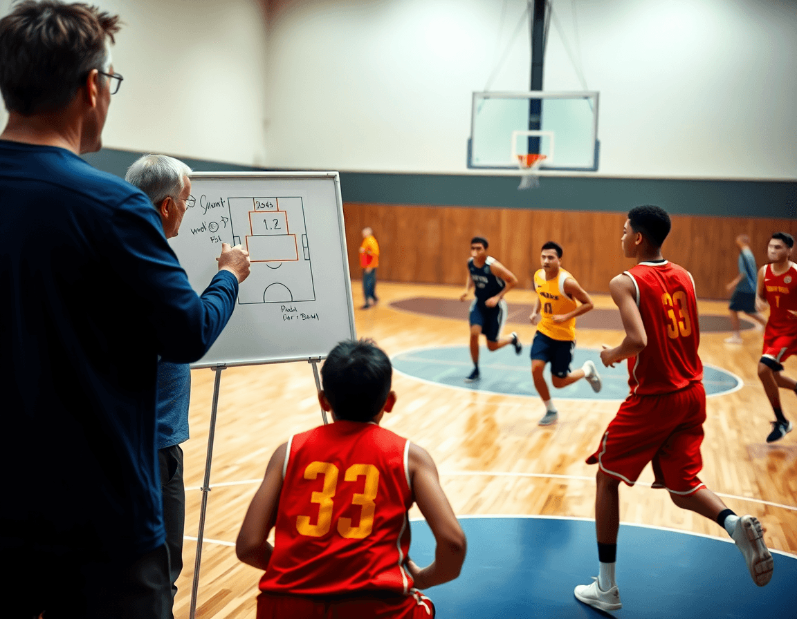 Dynamic coach whiteboard scene showing basketball play; basketball skills and drills book pdf referenced on the sideline.