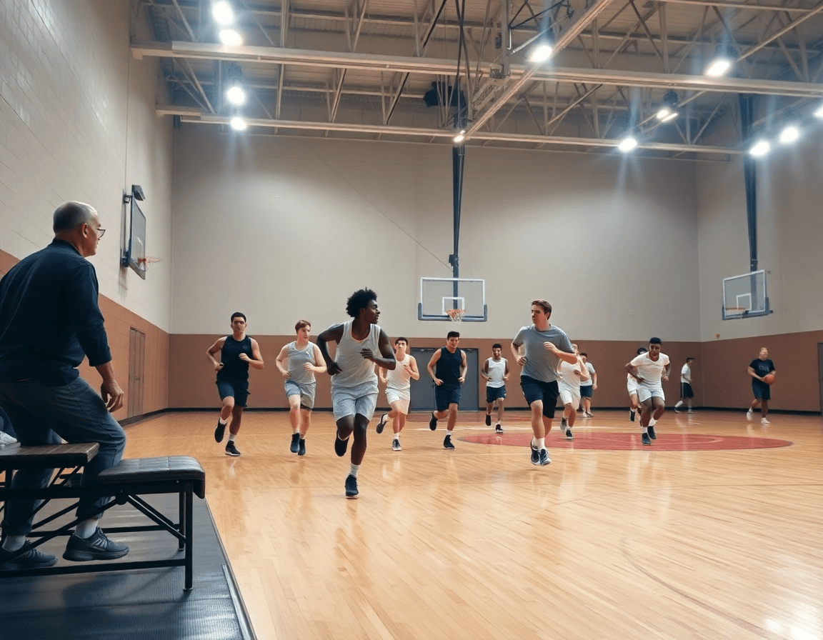 Wide shot of players sprinting a full-court drill; basketball skills and drills book pdf referenced on the bench.