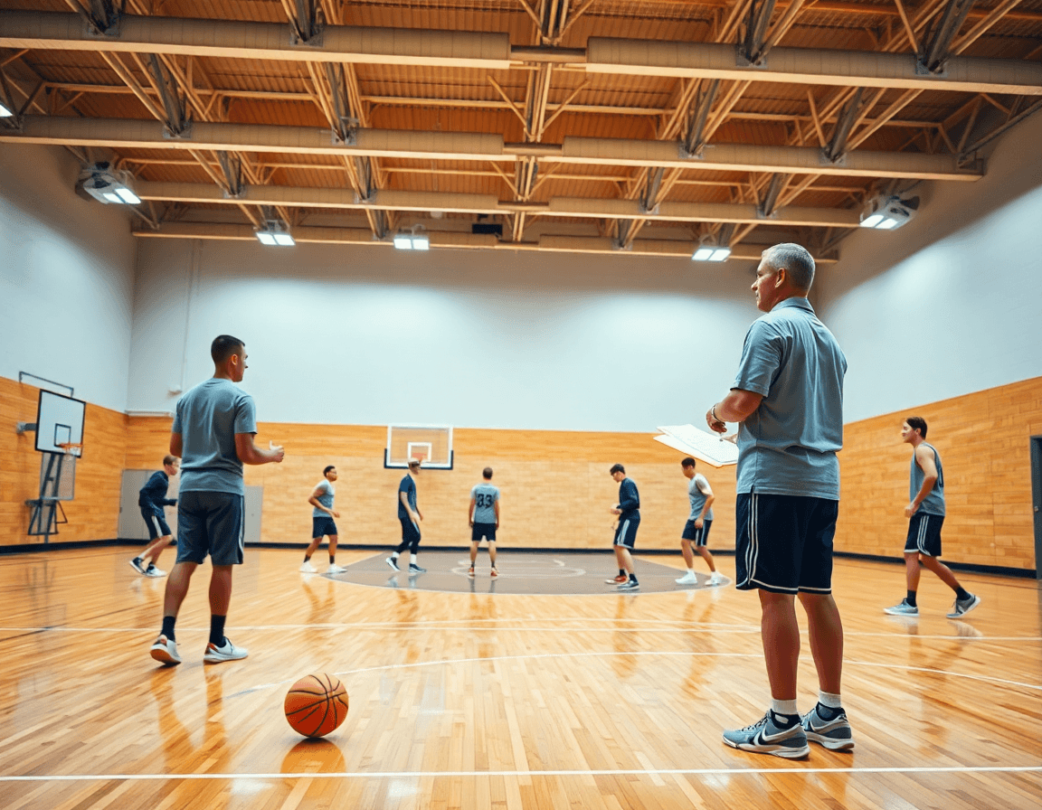 Wide gym scene showing basketball court and coach; basketball on clipboard, basketball skills and drills book pdf visible.