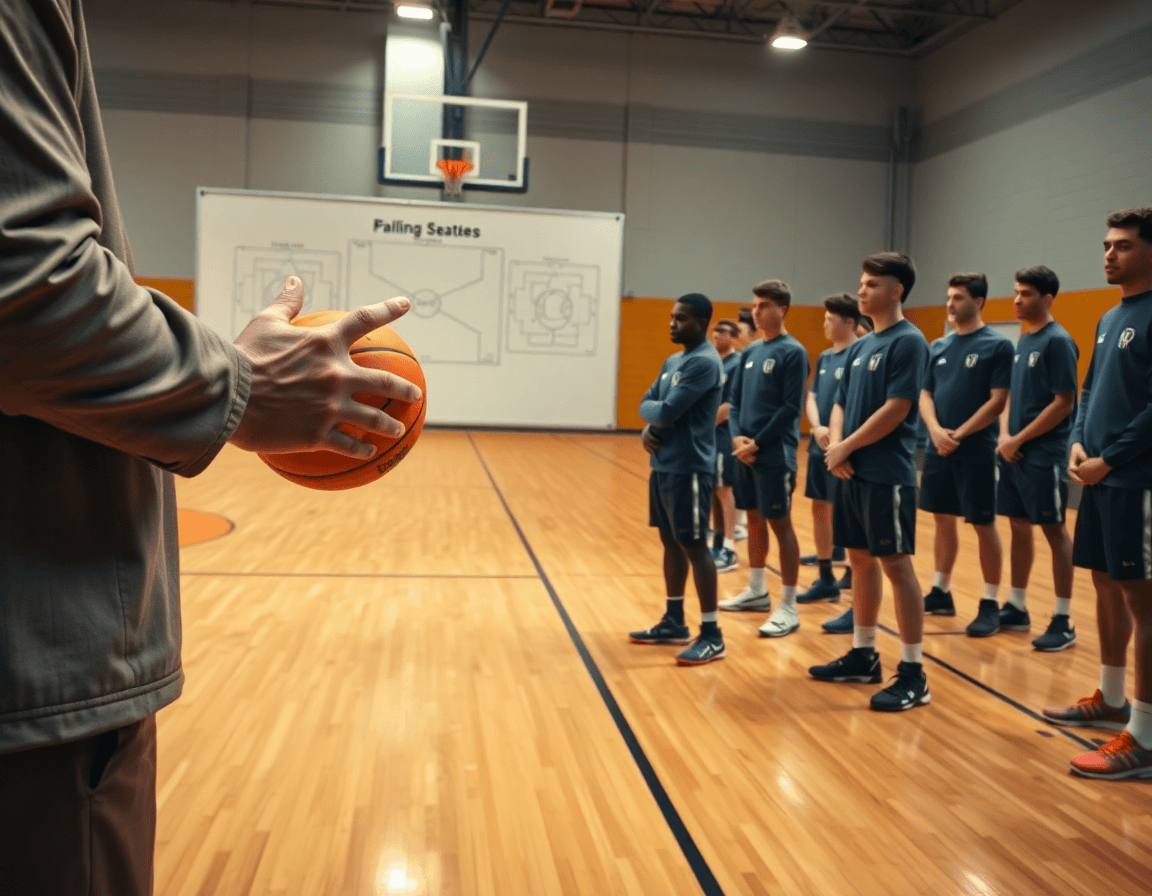 Close-up of basketball slob plays drill with coach directing inbound routes on hardwood court.