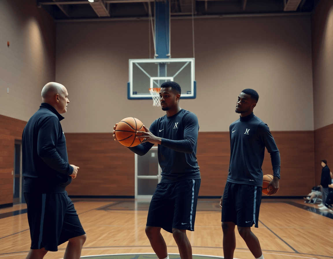 Tight inbound setup for basketball, two players and coach on a well-lit hardwood court.
