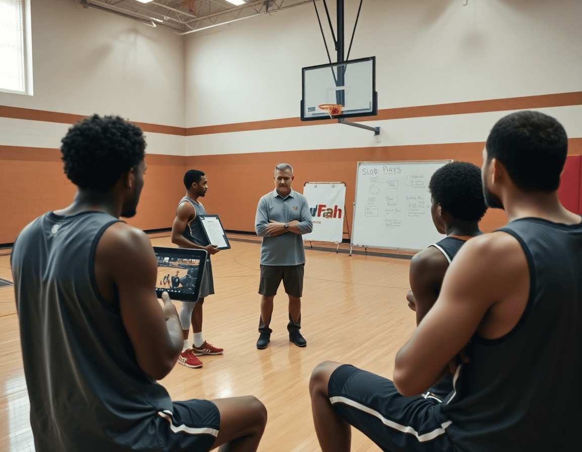 Team reviews basketball slob plays on a tablet while coach outlines the plan in gym.