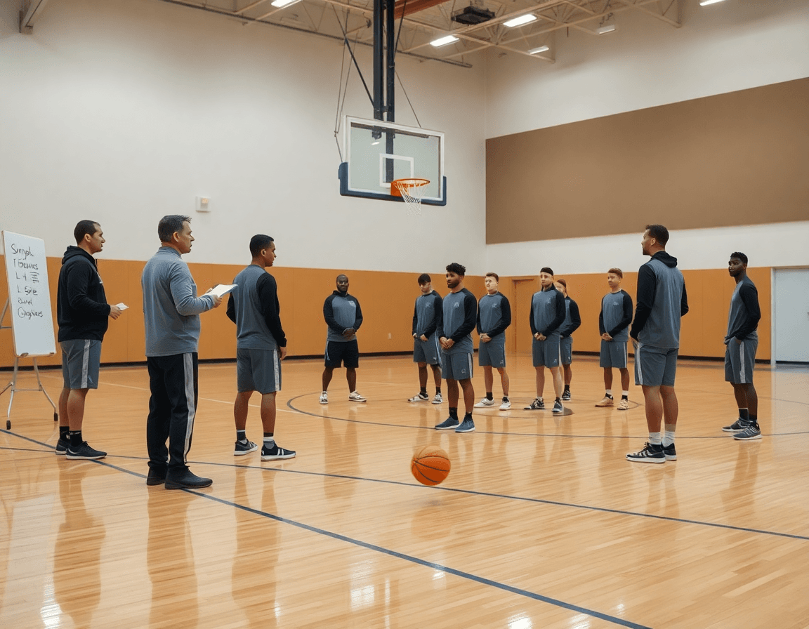 Wide shot of basketball slob plays training on a hardwood court with a coach and players.