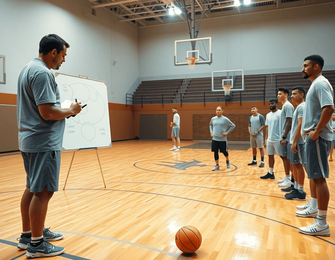 Close-up of basketball software programs guiding a drill as a coach notes on a whiteboard.