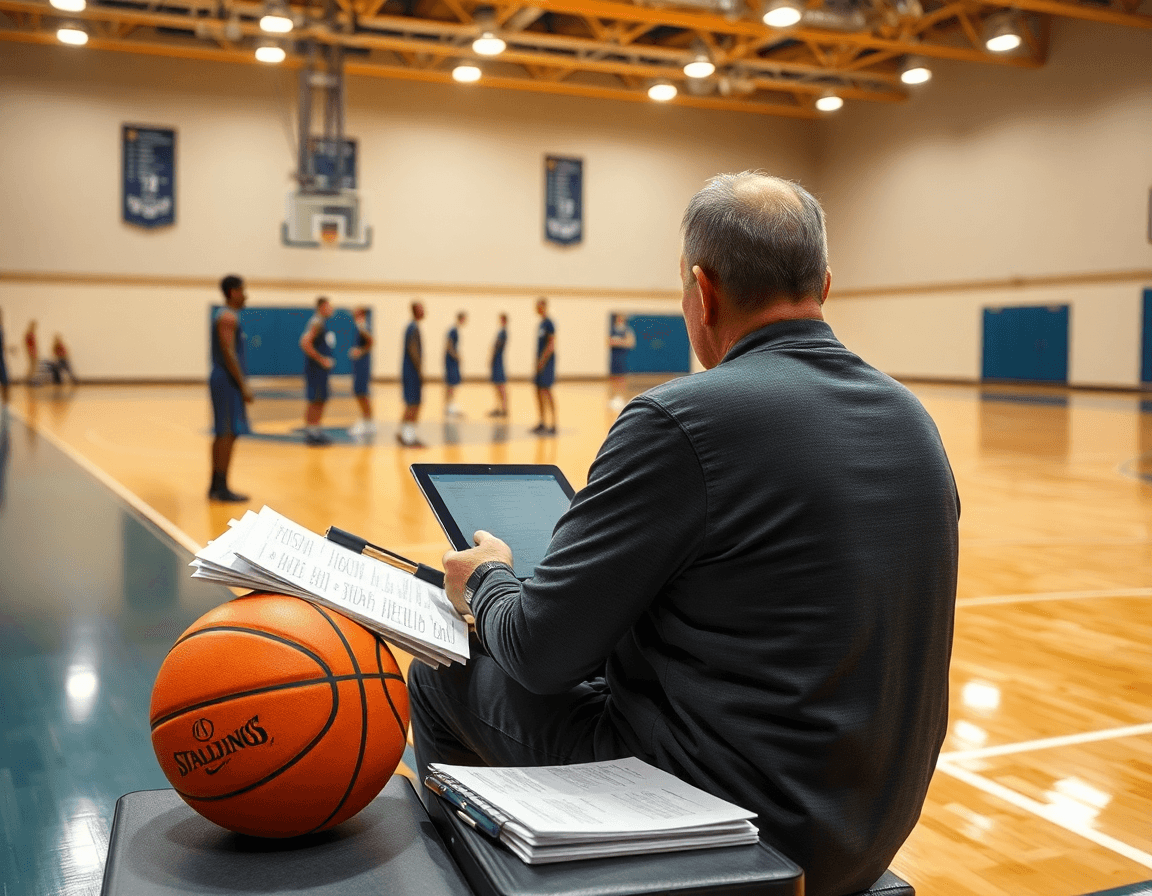 Coach arranges plays with basketball software programs on a tablet beside PDFs on the hardwood.