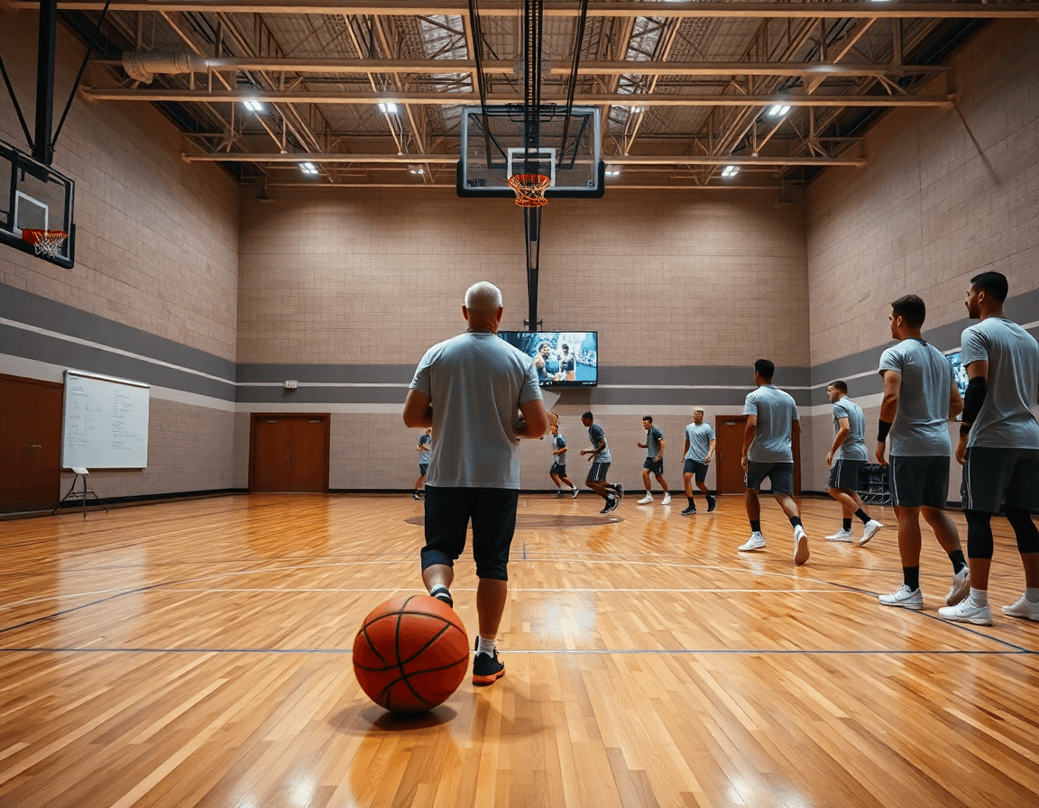 Wide basketball gym scene showing basketball software programs guiding a coach and team practice.
