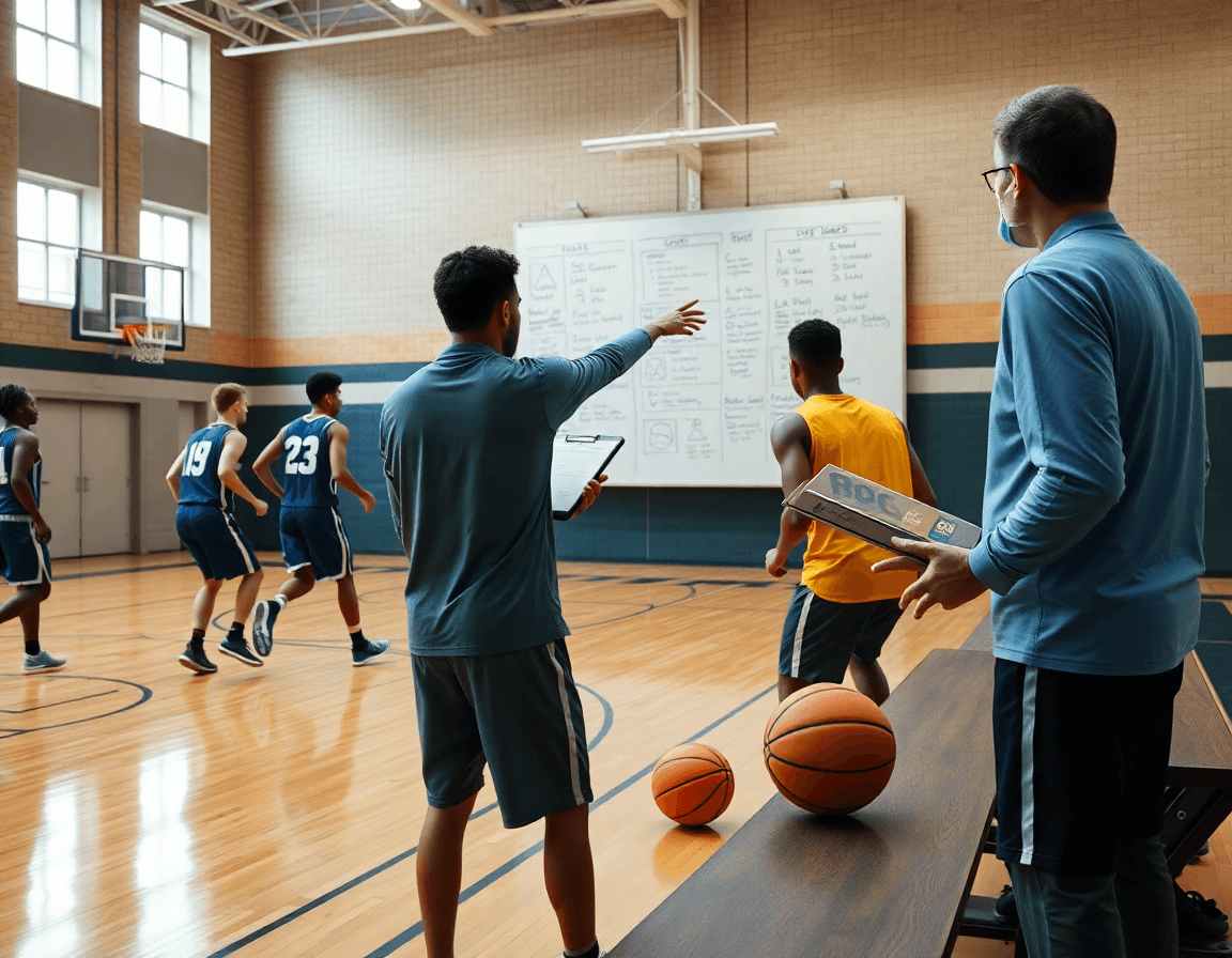 Close-up of a basketball drill with a coach using a whiteboard while players dribble.