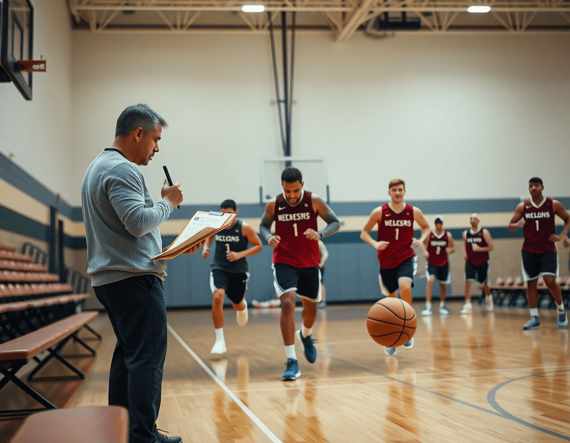 Close-up on coach recording stats with a basketball stat sheet app on tablet during prep drill.