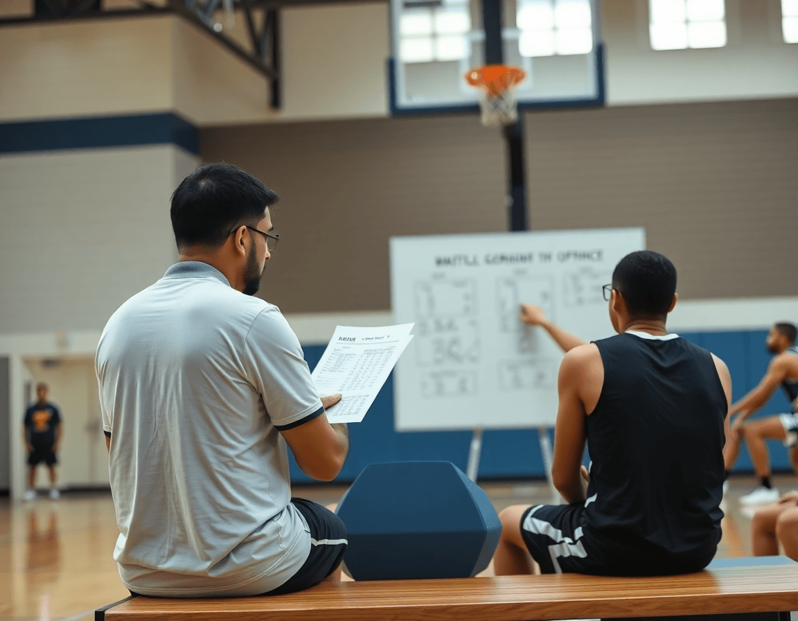 Basketball bench scene: coach explains best practices on a whiteboard while players practice basketball.