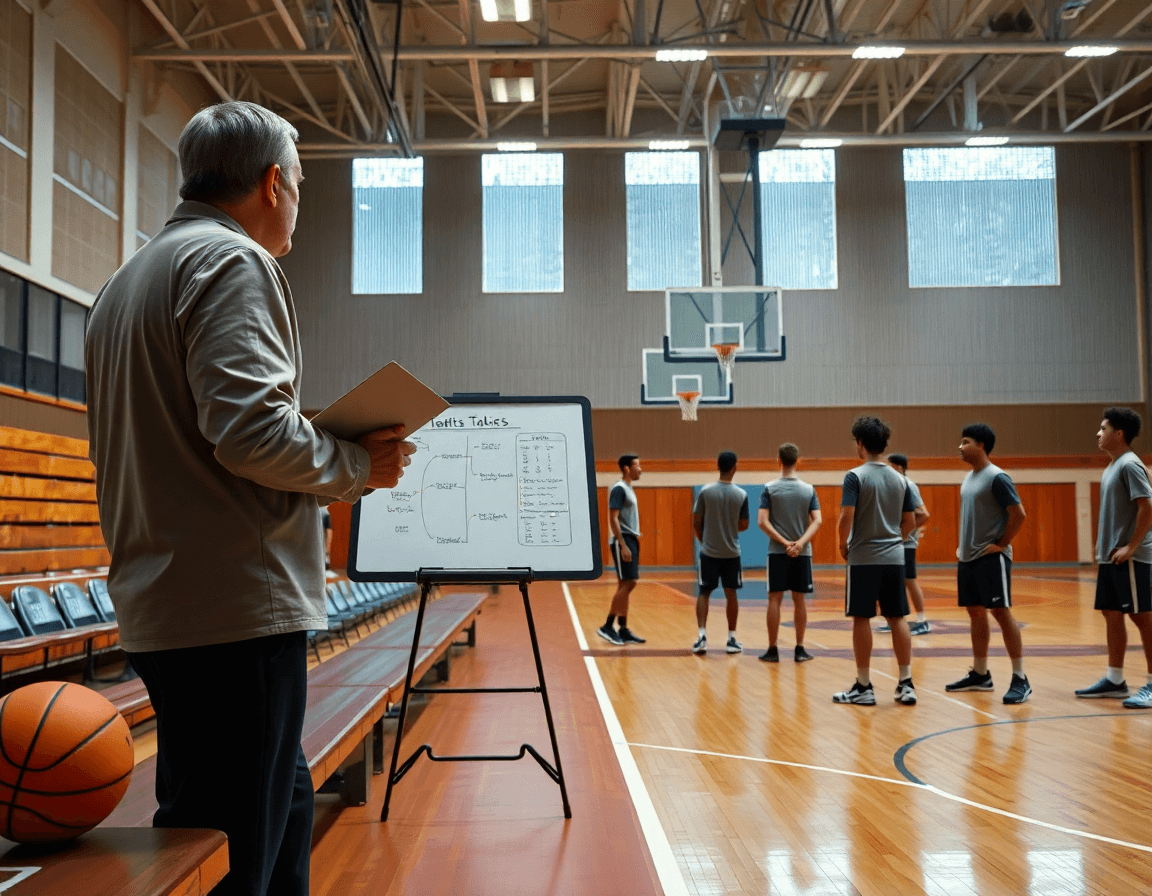 Wide basketball gym scene with a coach on sideline, players mid-practice, basketballs visible, basketball stat sheet app.