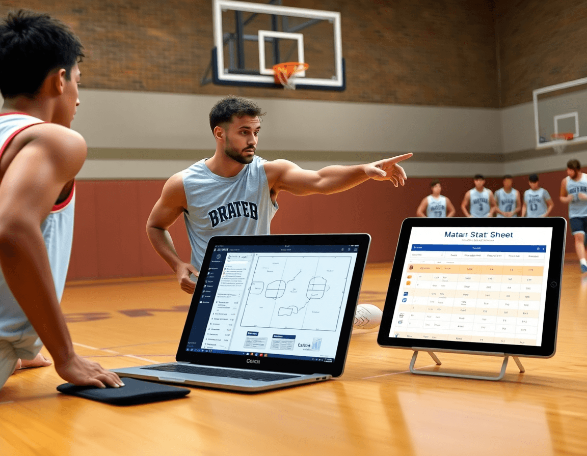 Coach coordinates weekly practice plans near a whiteboard during a basketball drill