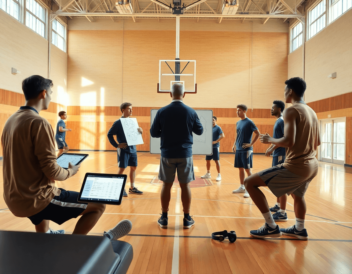 Wide basketball gym scene with coach, whiteboard, players, and a tablet showing basketball stat sheet maxpreps