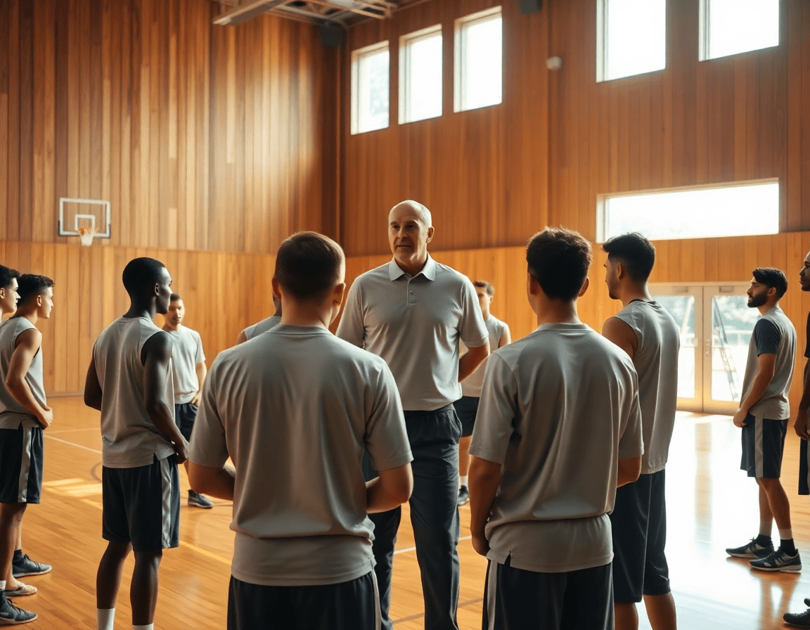 Wide shot of a basketball gym, coach guiding stats with basketball stat tracker excel on a tablet.