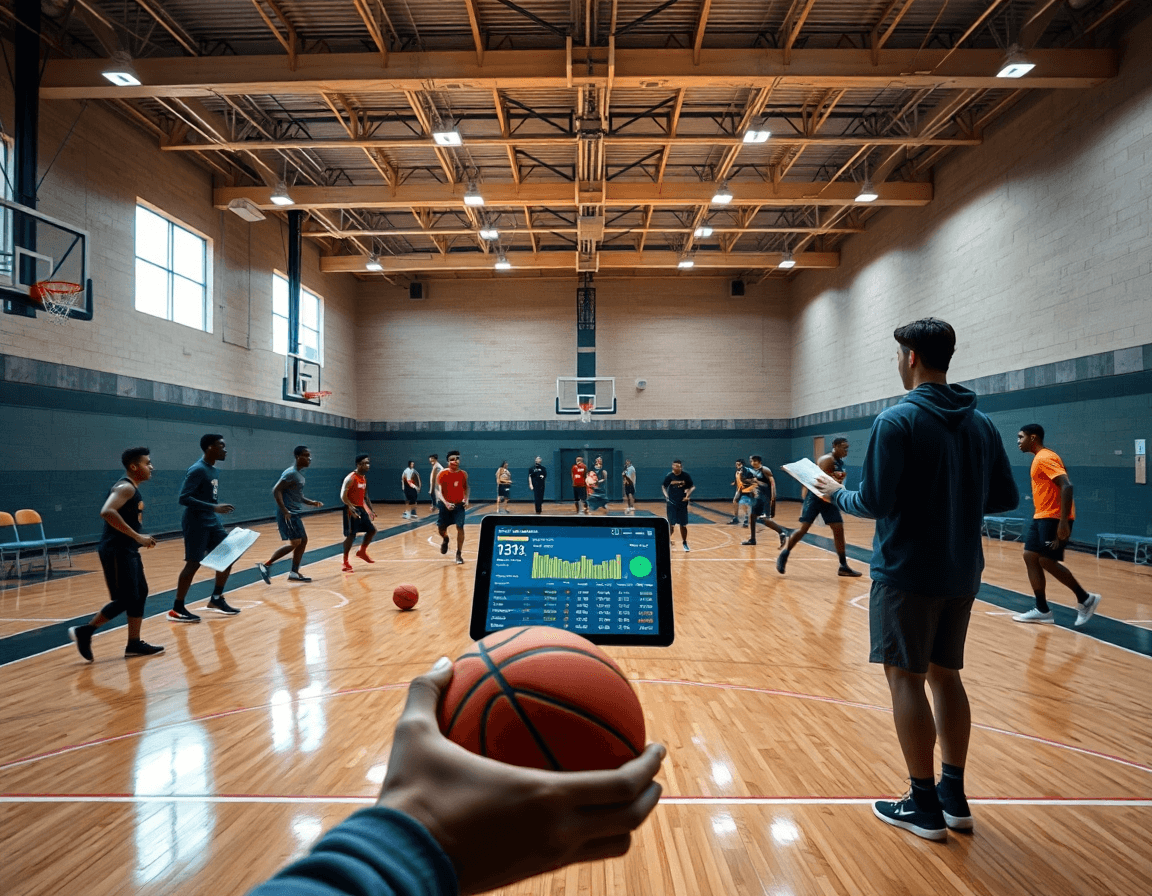 Wide view of a basketball stat tracker on a clipboard during a team practice in a bright gym.