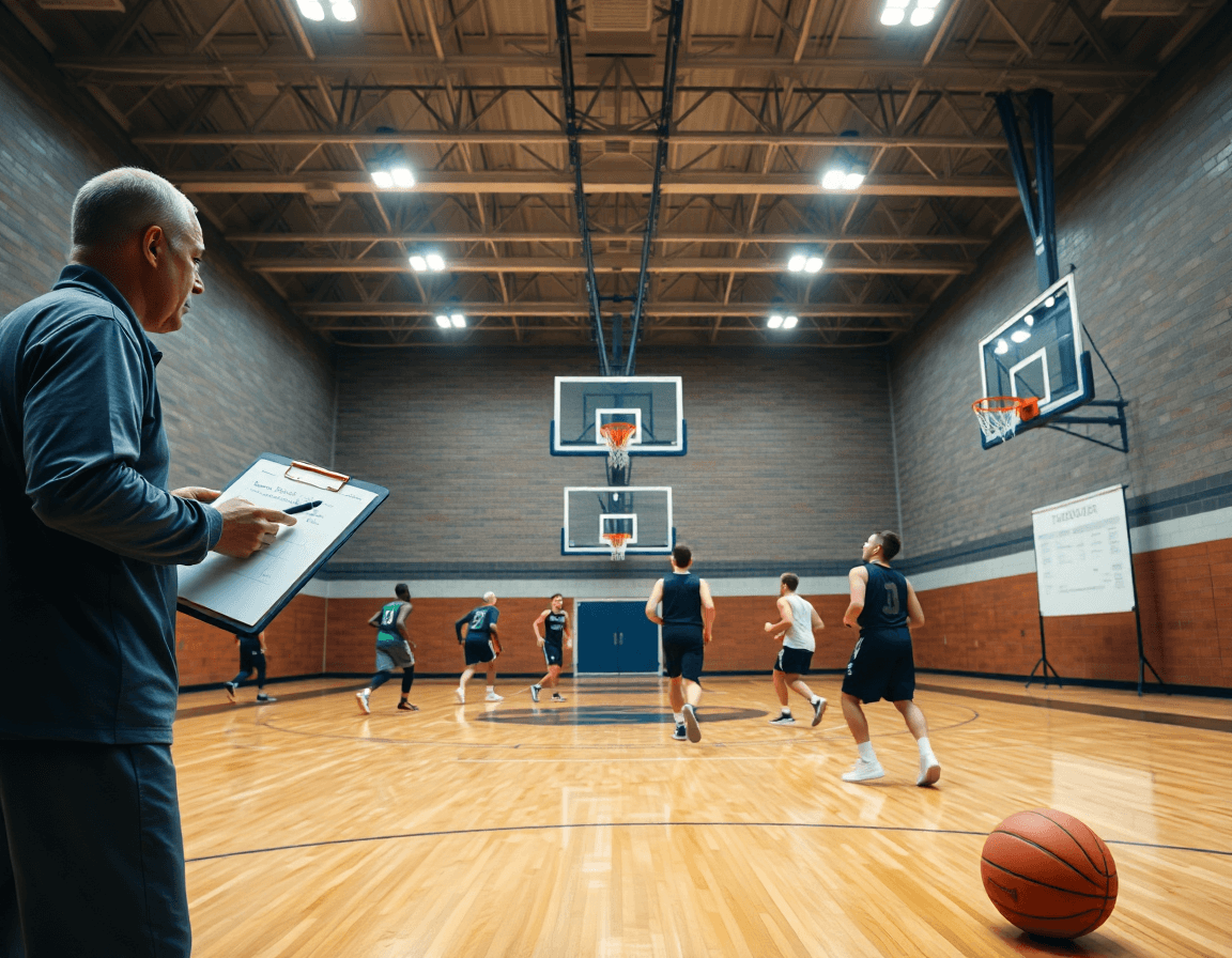 Wide basketball gym scene shows coach with whiteboard planning basketball plays while players practice on the court.