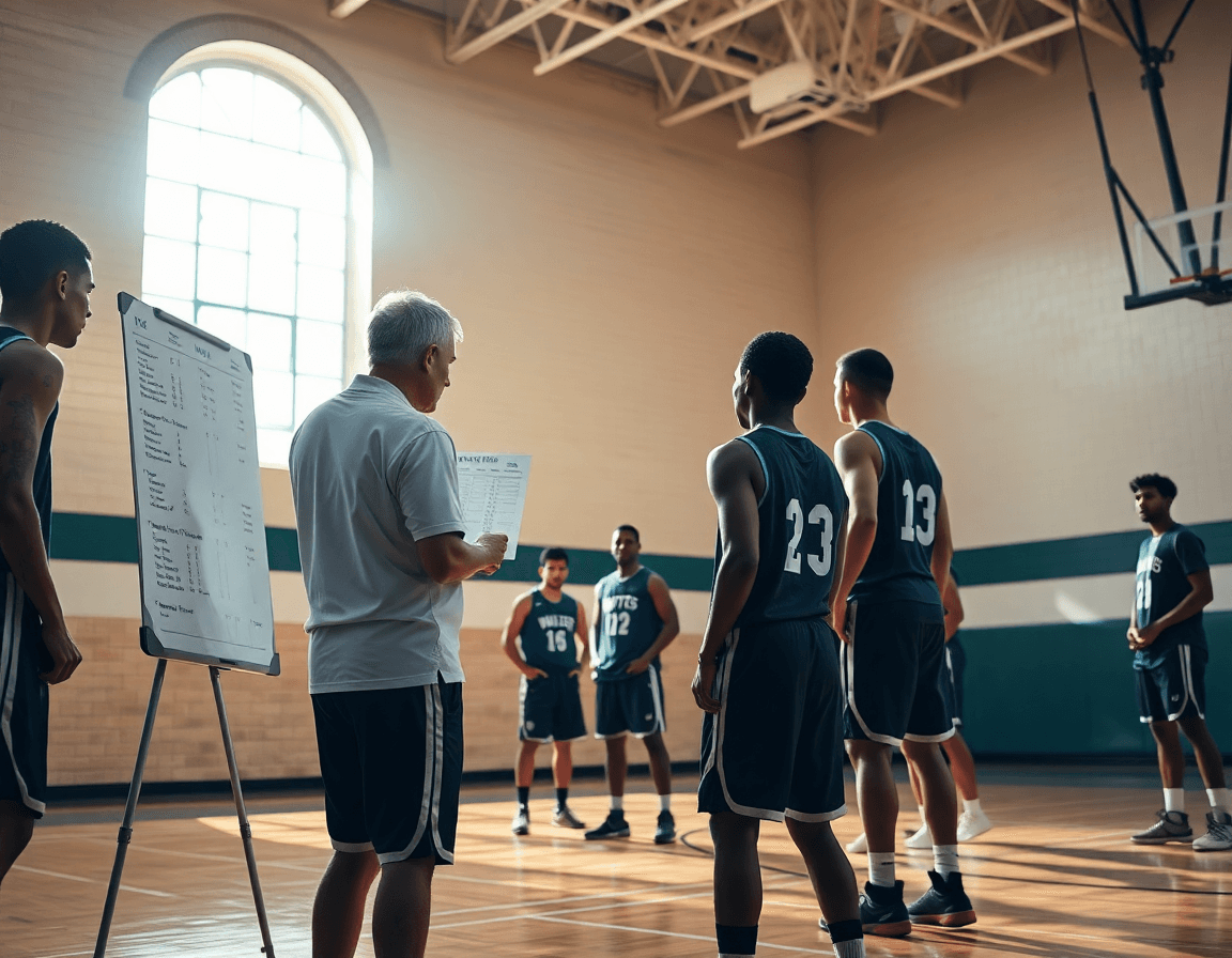 Coach translates basketball stats pro into a weekly plan on the whiteboard beside the basketball court.
