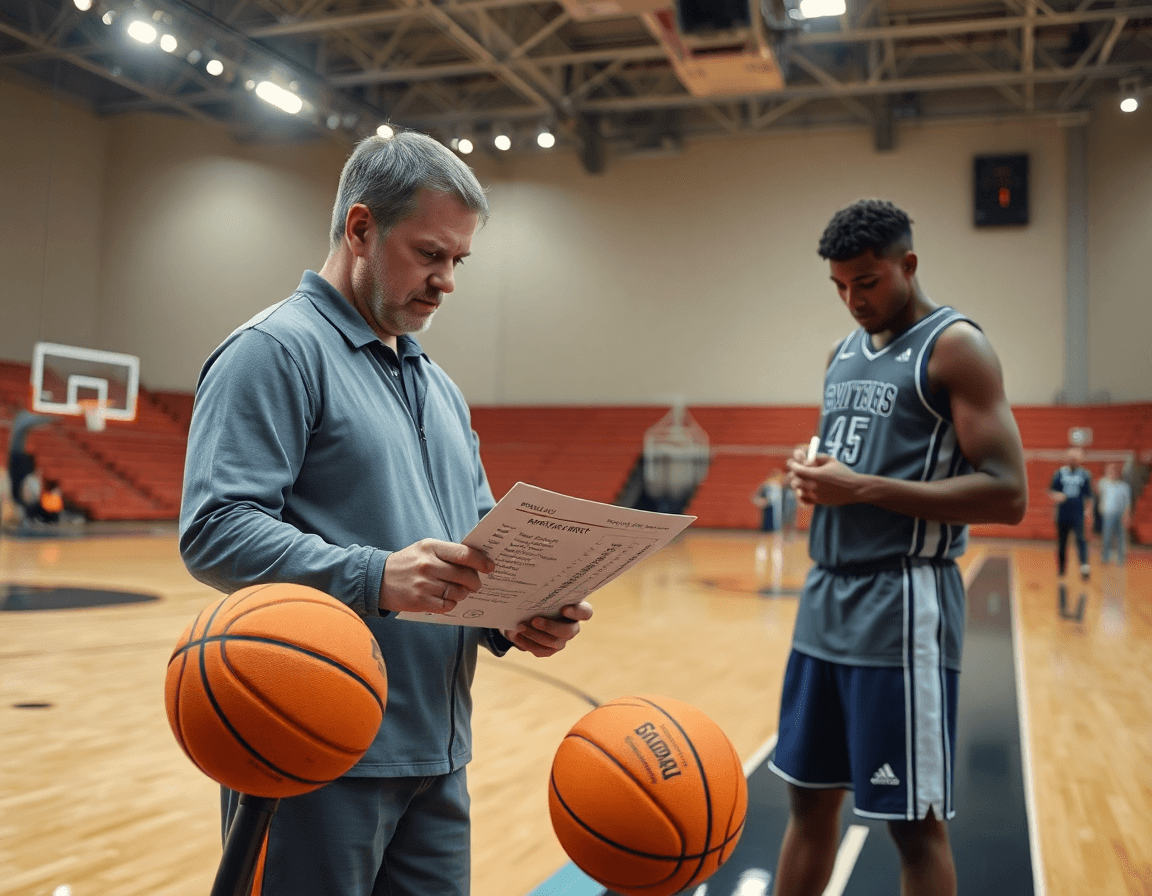 Coach reviews basketball stats pro on a tablet while guarding basketball players in a hardwood gym.