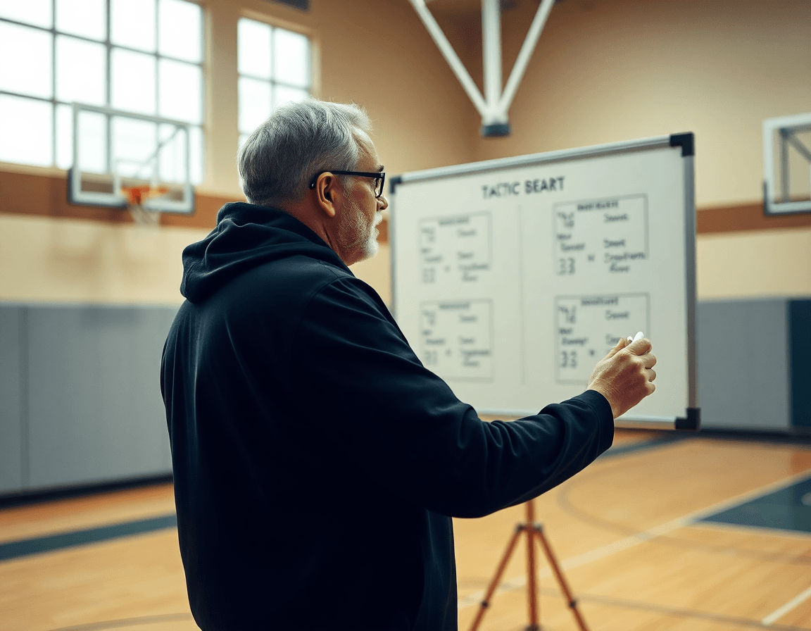 Coach explaining tactics on a gym whiteboard
