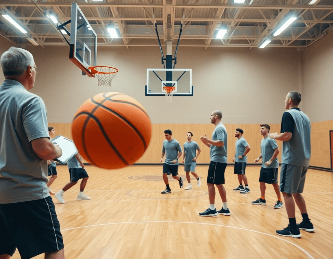 Wide cinematic portrait of basketball stats pro workflow in a gym, coach guiding the team on the hardwood.