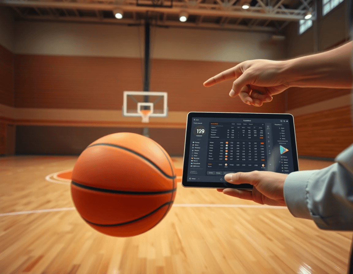 Close-up of hands dribbling a basketball while the coach reviews basketball stats software on a tablet.