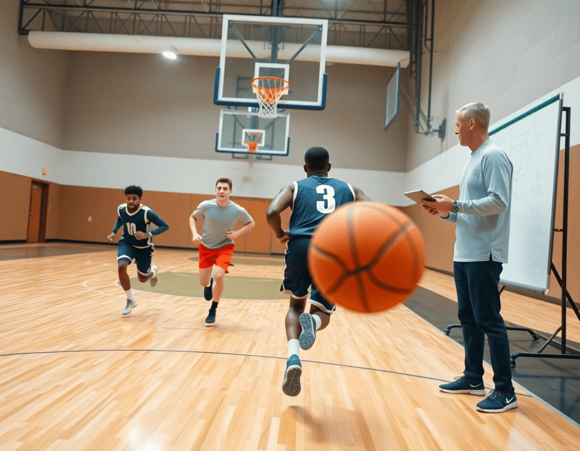 Coach sketches a fast-break on the whiteboard while reviewing basketball stats software on a tablet, basketball concepts highlighted.