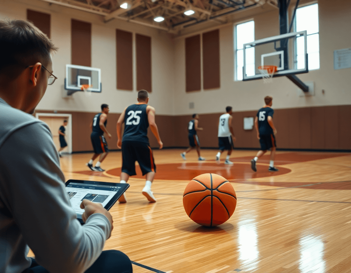 Coach converts filmed game data into a week's plan using basketball stats software on a basketball tablet.