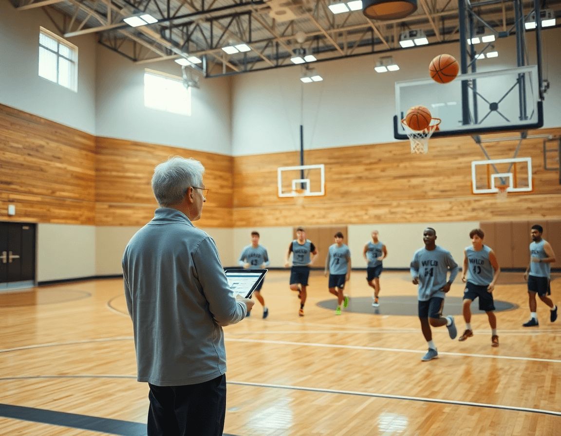 Wide basketball gym scene with coach and players using basketball stats software on a tablet.