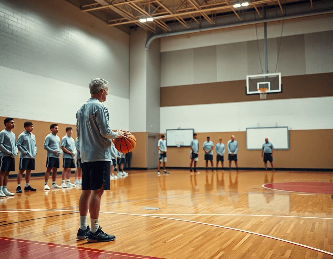 Close-up of a coach's hands guiding a drill with an orange basketball near a whiteboard on hardwood.
