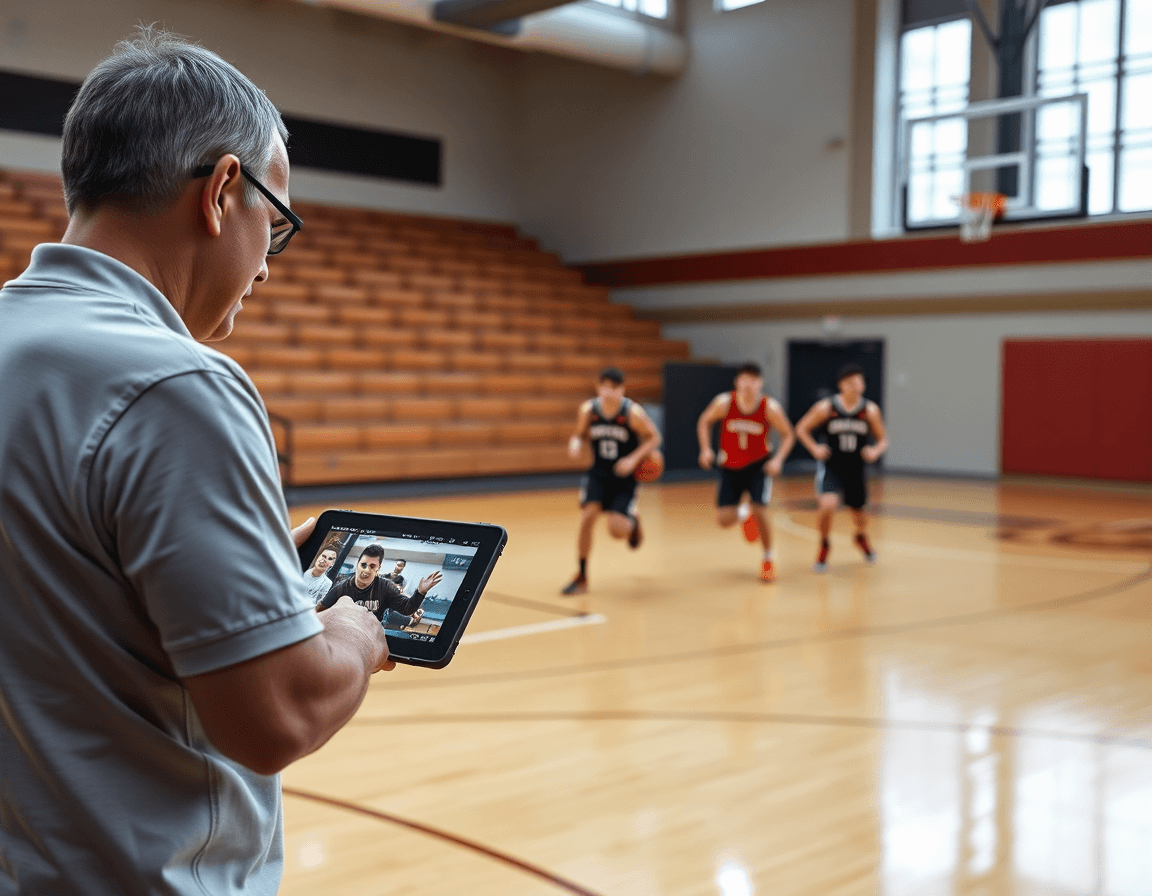 Courtside shot of a basketball coach watching video clips on a tablet while players practice a fast-break drill.