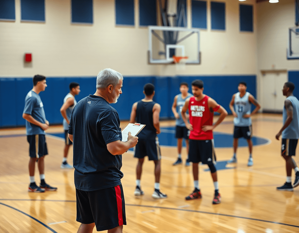 Coach with clipboard oversees a 60-minute cadence as players practice basketball plays on hardwood basketball court.
