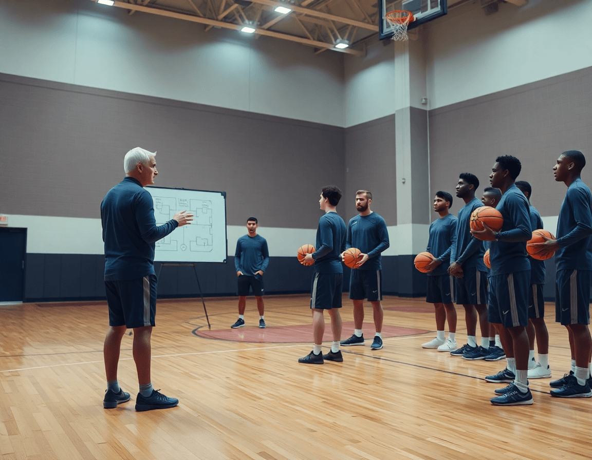 Close-up of a coach's hands guiding a drill with an orange basketball near a whiteboard on hardwood.