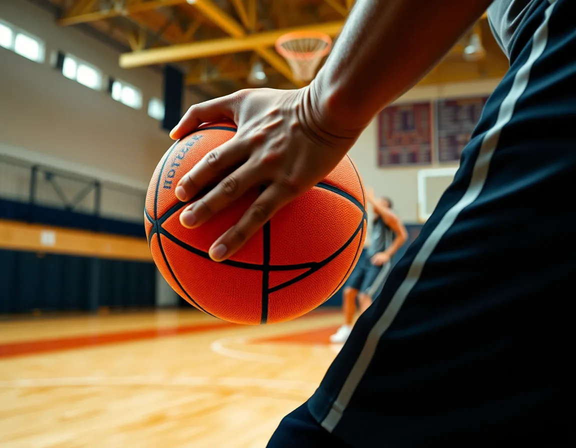 Close-up hands on a basketball training program drill during a fast pass