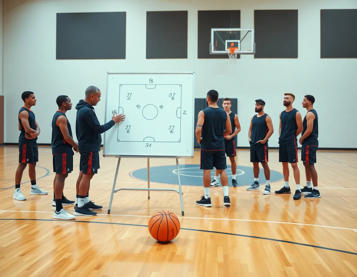 Coach draws on a whiteboard during a basketball training program play session