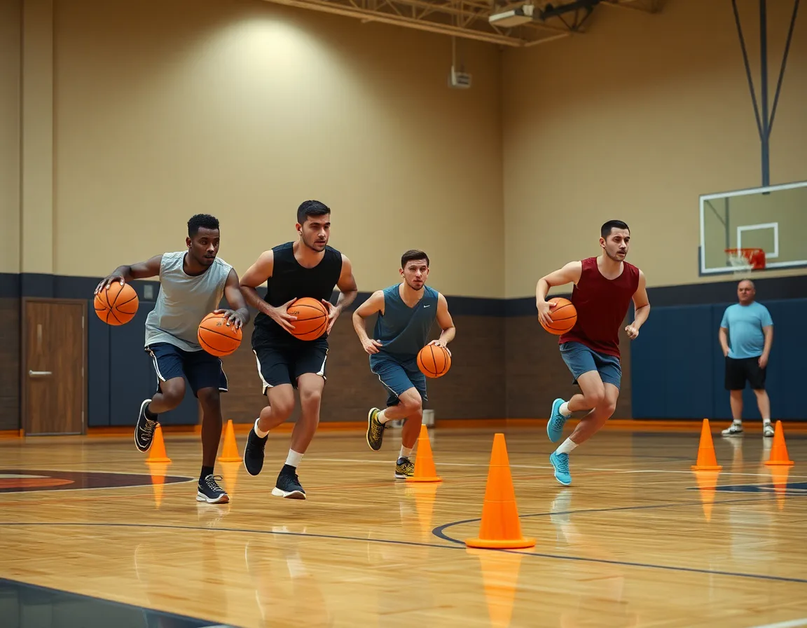 Three players sprint through a basketball training program drill on hardwood court