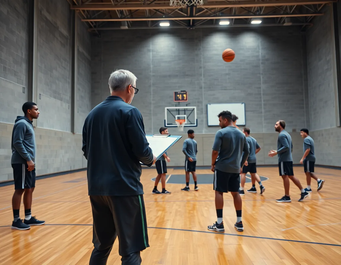 Wide-angle basketball training program scene with a coach and team on the hardwood court