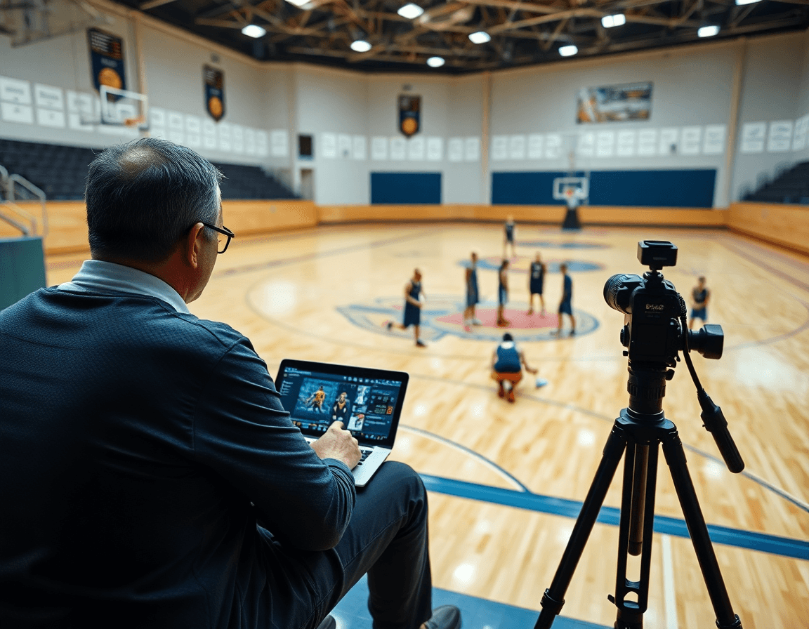 coaches review basketball tryout drills pdf video clips on a tablet beside the basketball court during practice.
