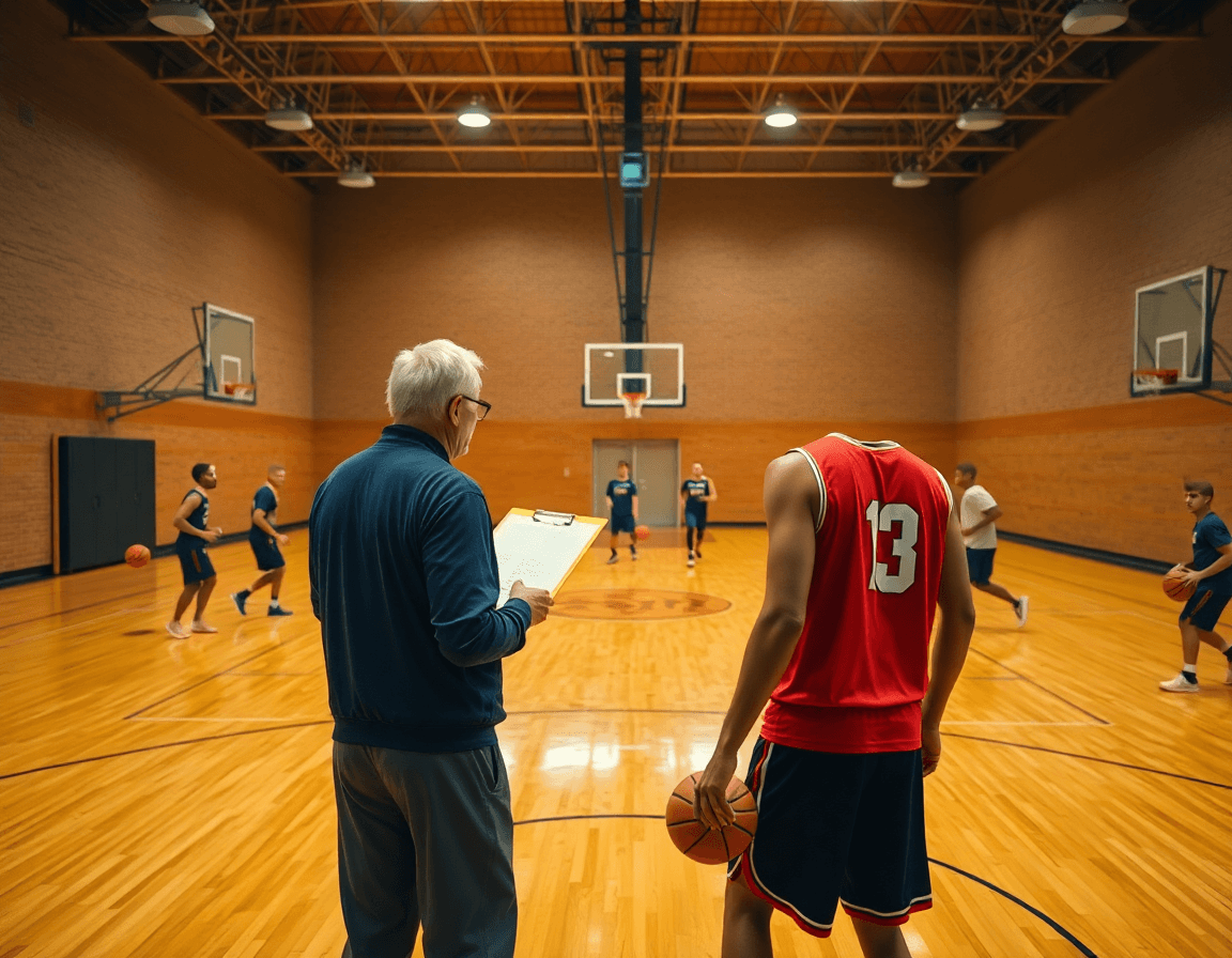 wide-angle basketball gym scene shows basketball tryout drills pdf guiding a coach and players.