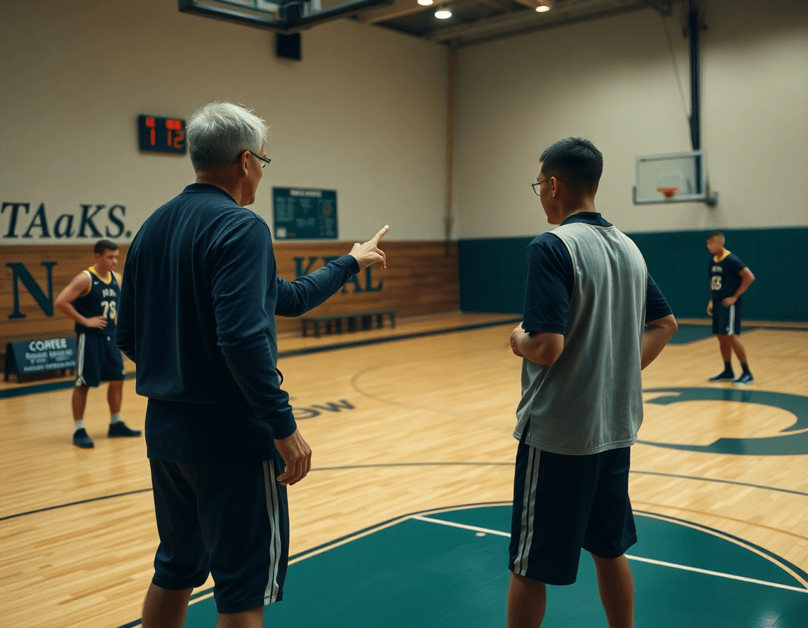 Close-up of basketball drill on the hardwood as coach points to a basketball tactics board.