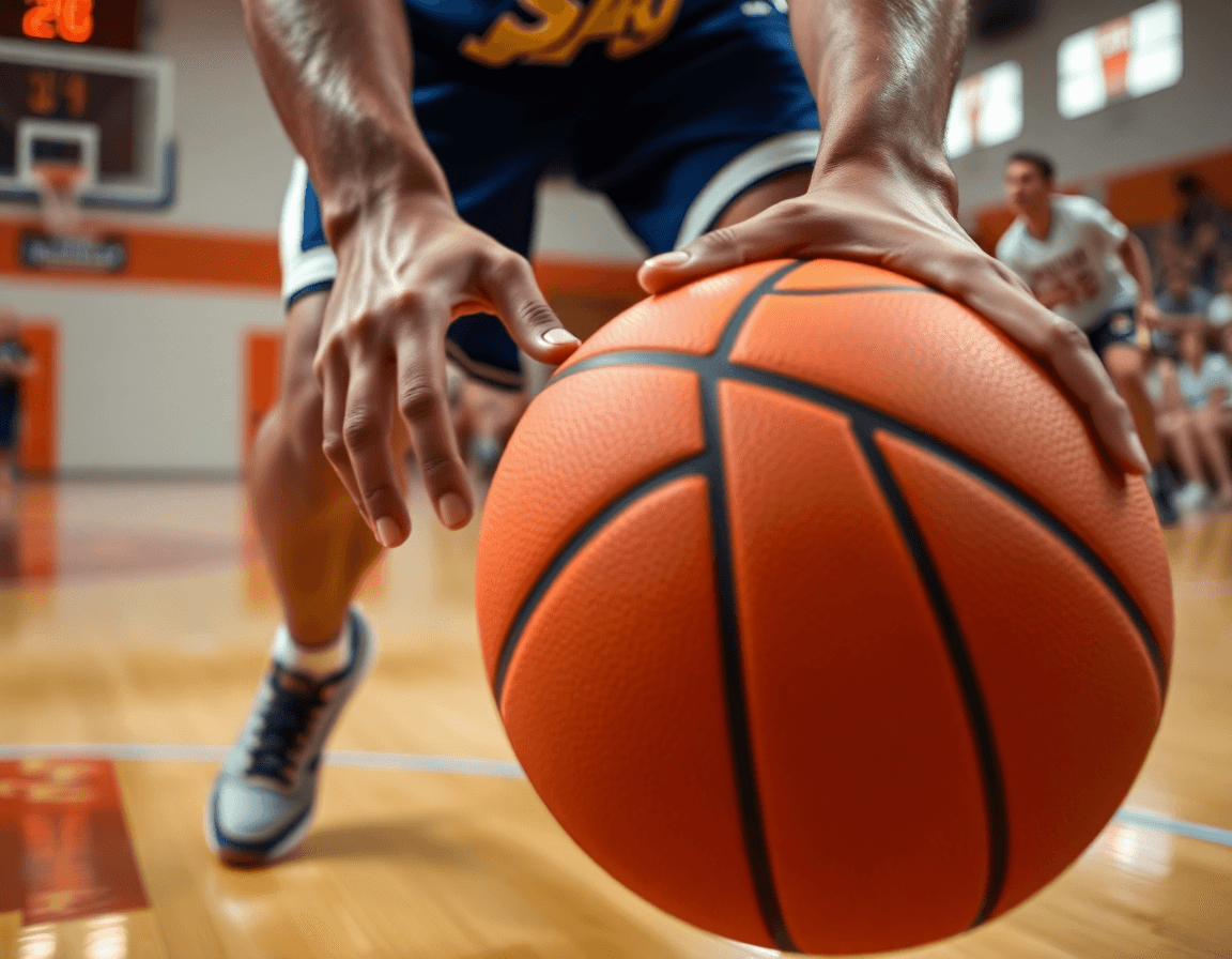 Close-up of hands on an orange basketball as a player dribbles toward the key, coach nearby.