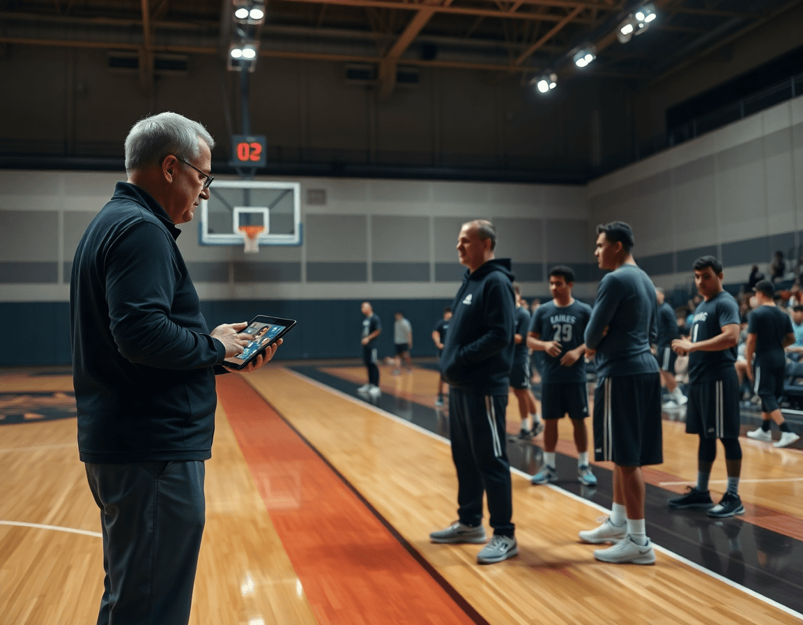 Sideline coaches review basketball video on a tablet while players stretch on the basketball court.